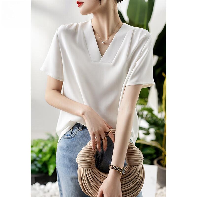Basic House Women s Silk V-Neck Short-Sleeve Shirt L