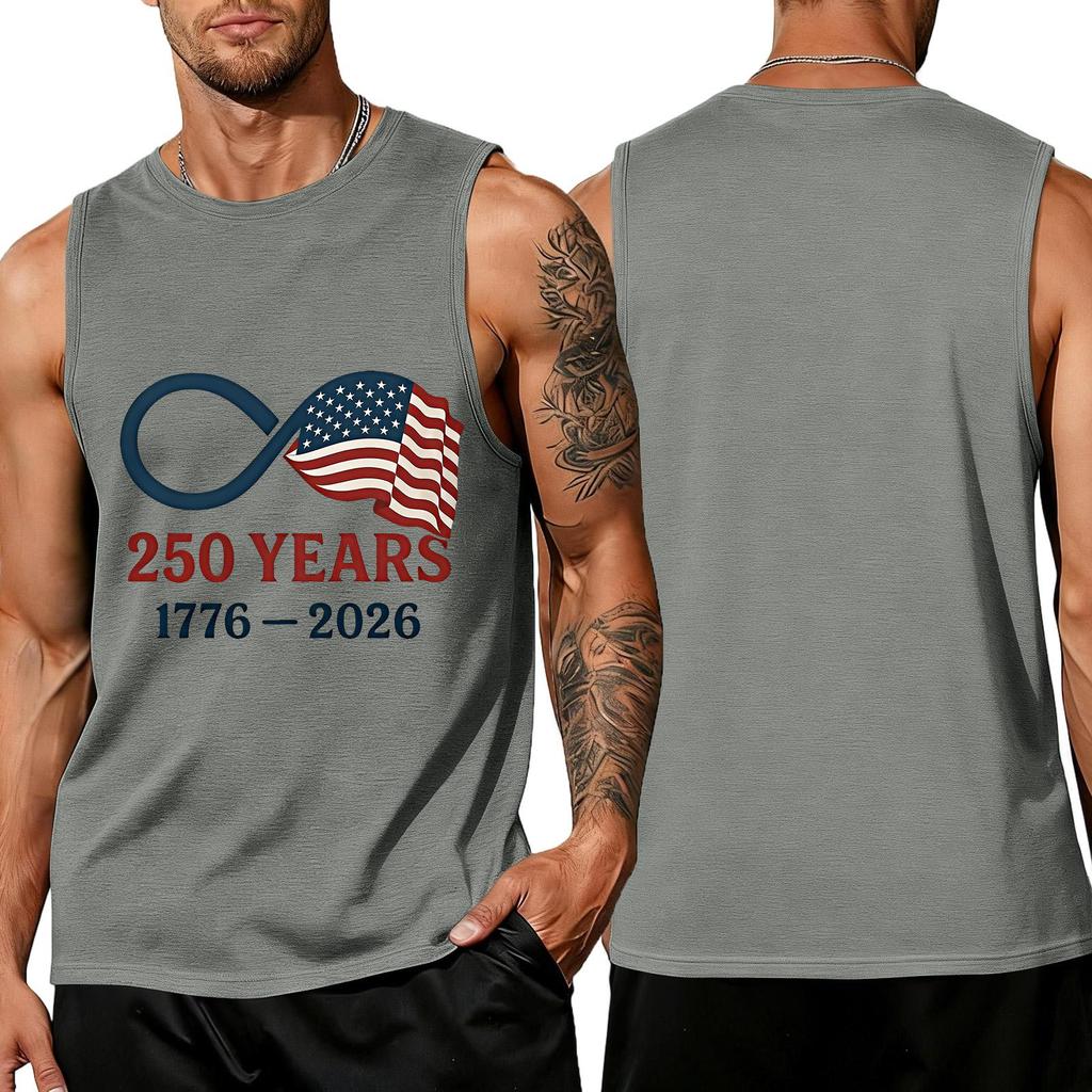 Men's Sleeveless Crew Neck Tank Top with Flag Print 250 Years Anniversary Athletic Fit Shirt