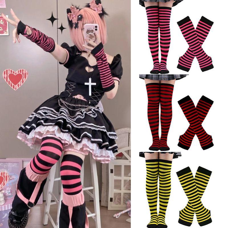 Y2K Women Girls Over Knee Long Stripe Printed Thigh High Cotton Socks Arm Sleeve Gloves 1 Set Overknee Socks Long Gloves 2024