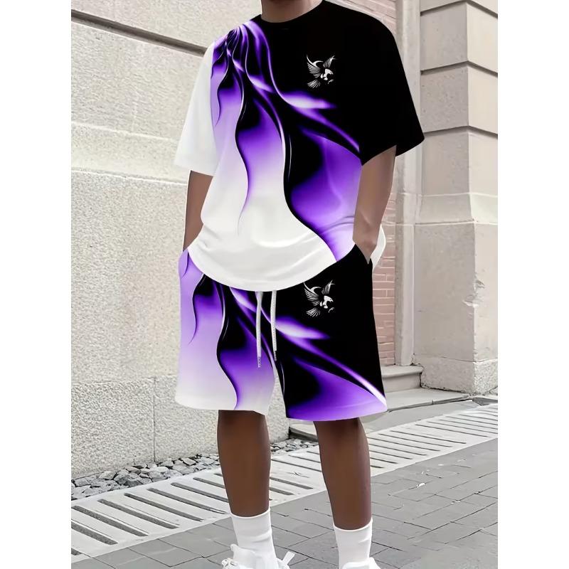 Men's Color Block Eagle 3D T Shirt Shorts Set Fashion Men Women T-shirts Two-Piece Outdoor Street Casual Sport Tracksuit Outfits