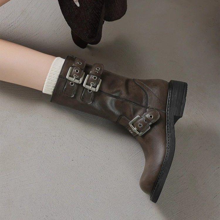 Women's Retro Martin Boots, Round Toe, Autumn/Winter, Metal Accent, Ankle-Length, Cowboy Style, Thick Sole.