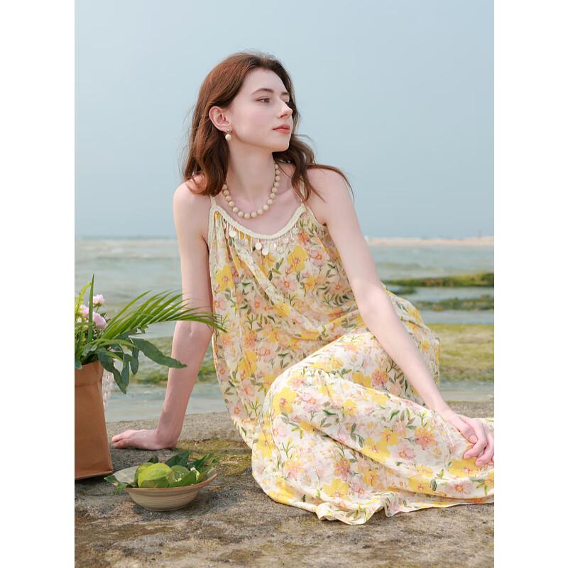 

Sancai 2025 Summer Floral Spaghetti Strap Maxi Dress