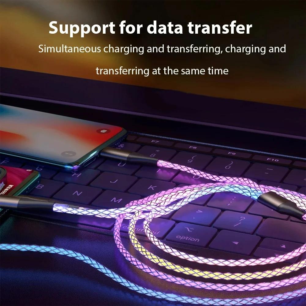 66W 3 in 1 Fast Charging Cable 6A Type C Micro USB Cable RGB Colorful Streamer Glowing Line USB Cable For iPhone Samsung Xiaomi