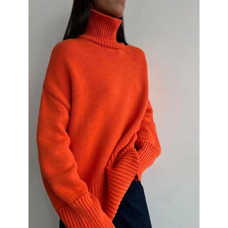 

Fashion Style New Arrival Women s Clothing Pure Color Turtleneck Knitting Pullover Sweater High Neck Knitted Sweater Orange L