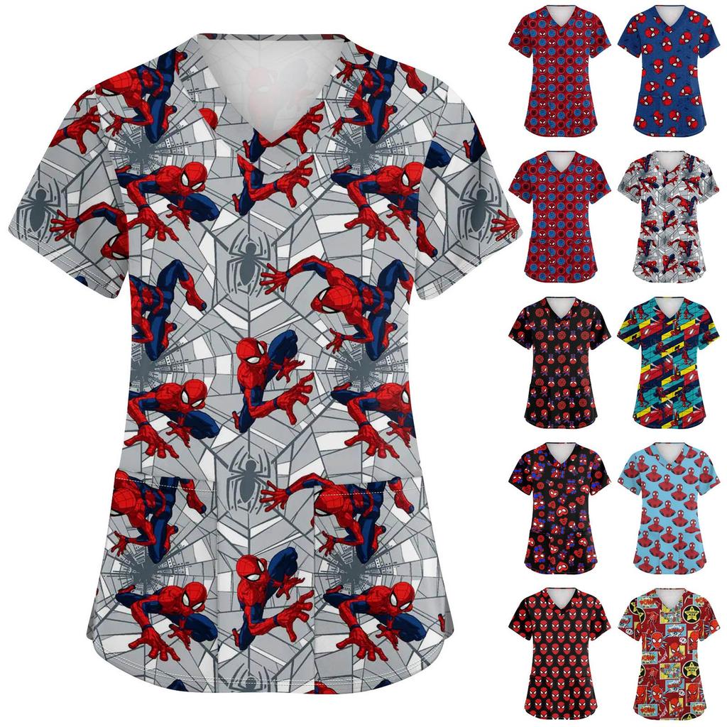 Women's Fashion V-neck Short Sleeve Workwear With Pockets Printed Tops