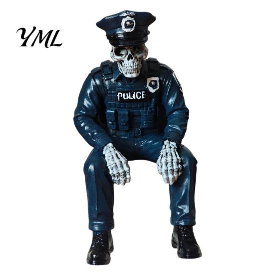 Resin Skeleton Figurines Halloween Ornament, Policeman/Military Gothic Skull Figurine, Ornaments Dark Style Sitting Pose Sculpture for Bookshelf