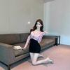Temperament V-neck skirt summer female sexy mesh printing long-sleeved contrasting color hip-wrapped bottoming dress short skirt