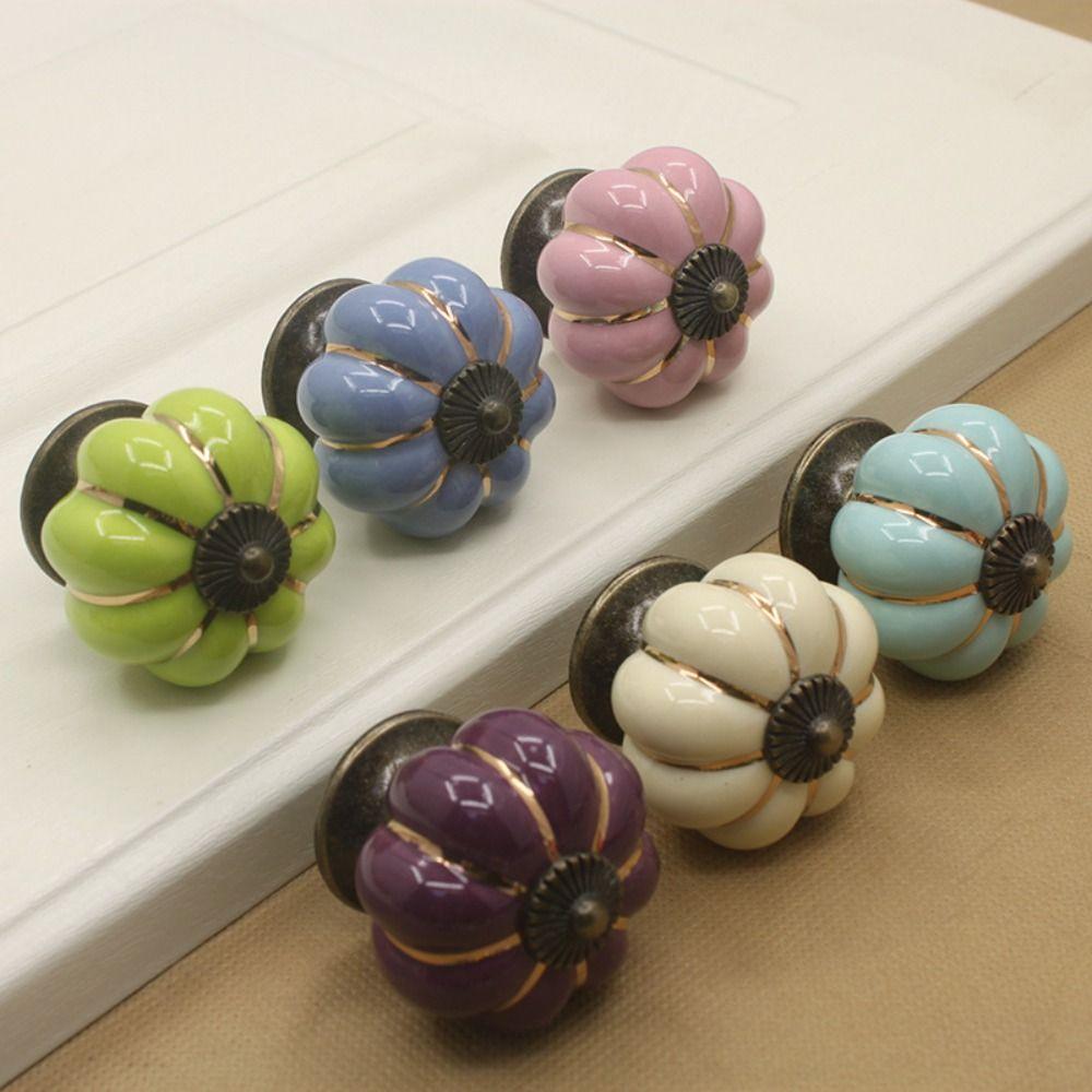 Single Hole Cabinet Knob European Style Drawer Knobs Simple Rural Ceramic Pumpkin Handle  Kitchen