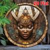 Afrikaanse Godin Wandkunst 8x8 Inch Rond Hout Mozaïek Geometrische Patronen Gouden Accent Vintage Afrikaans Masker Woondecoratie
