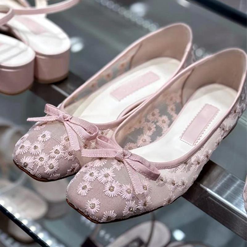 Fashion Embroidery Flower Decoration Mesh Ballet Flats Women Cute Butterfly Knot Design Loafers Low Heel Comfortable Shoes for Women