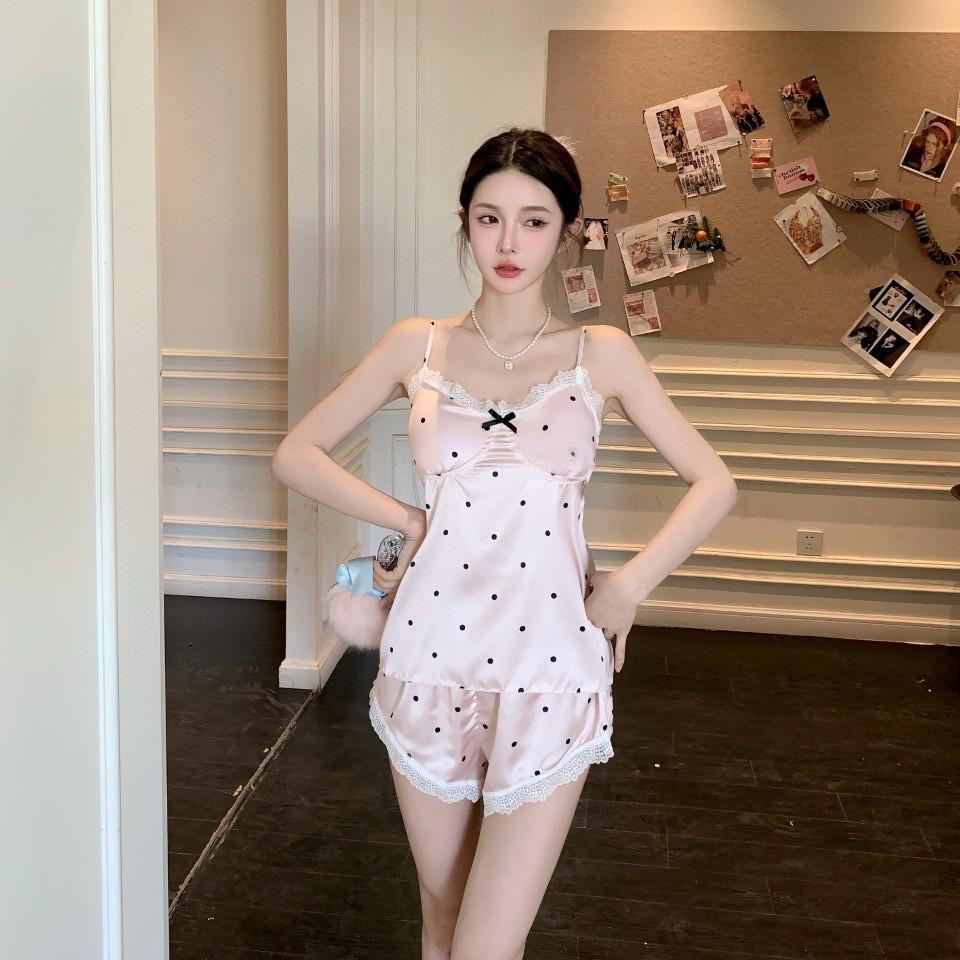 Summer ice silk pajamas women's chest pads Korean sweet girl love suspenders shorts loungewear set Internet celebrities