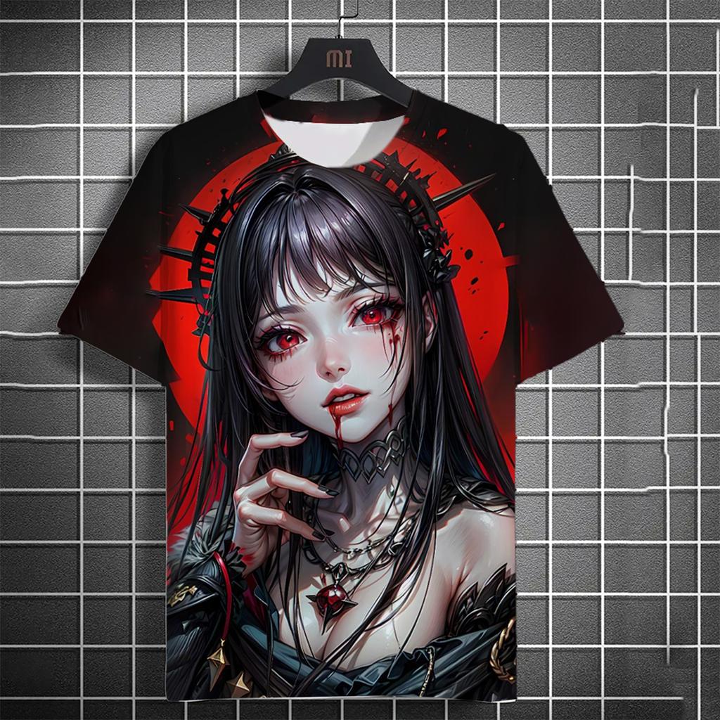 Men's 3D Beautiful Girl Bloodstained T-shirt 3D Cool Pattern Summer Fashion Round Neck Loose Breathable Short Sleeve Top