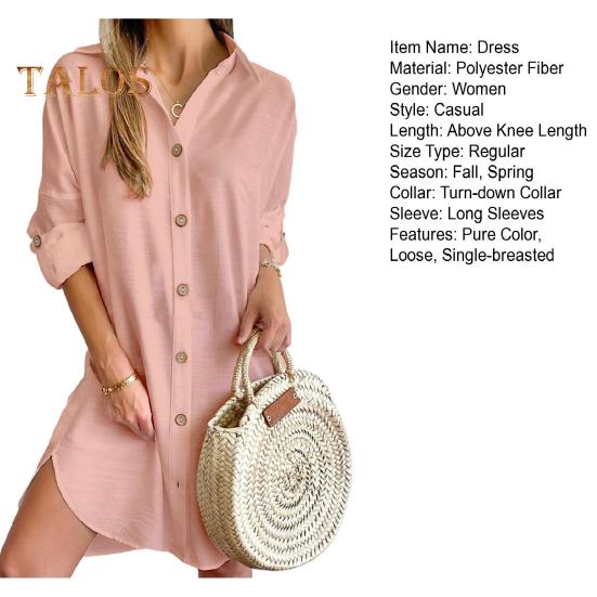 Fall Spring Women Dress Shirt Type Single-breasted Split Hem Loose Solid Color Buttons with Cufflink Above Knee Length Mini Dress