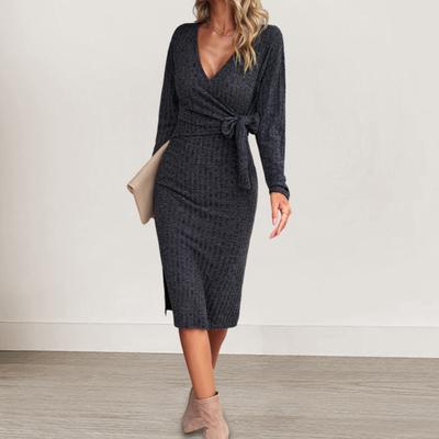 Γυναικείο Φόρεμα Άνοιξη Φθινόπωρο Σταυρωτό V Λαιμόκοψη Δέσιμο με Κορδόνια Στενή Γραμμή Μανίκια Μακρυά Μήκος Μέχρι το Γόνατο Πλεκτό