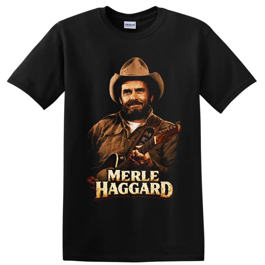 Merle Haggard Country Singer Guitar Cowboy Hat Western Music Fan T Shirt Tee