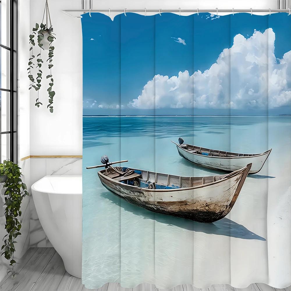 Ocean Beach Wooden Boat Shower Curtain, Bathroom Decorative Shower Curtain, Waterproof Shower Curtain with Hooks