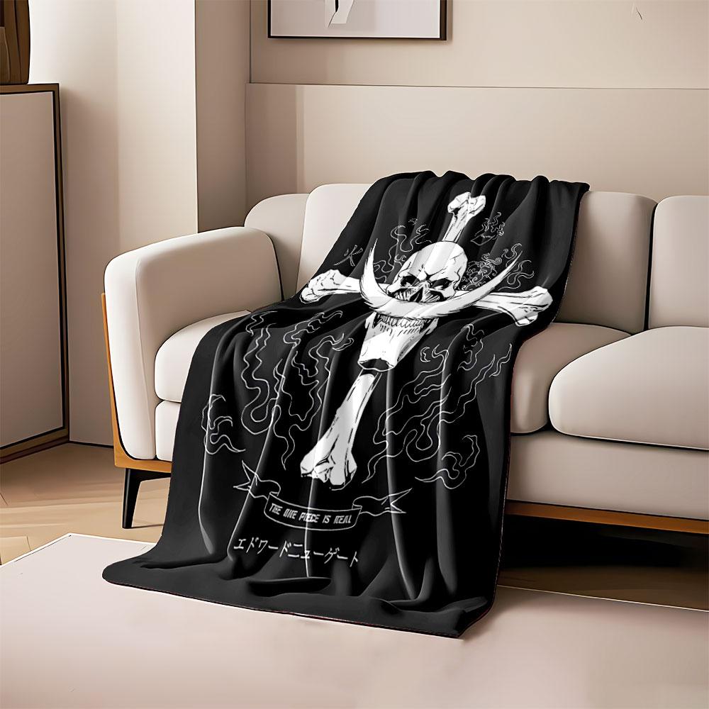 

A stylized skull with a mustache over crossed bones surrounded by flames. for all seasons blanket lunch break throw gift 80cm x 120cm