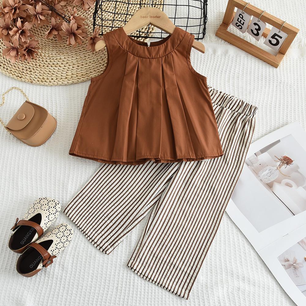 Bear Leader Baby Girl's Casual Clothing Round Neck Sleeveless Polka Dot Top+Wide Leg Pants Set with Bow and Botton 2PCS Set