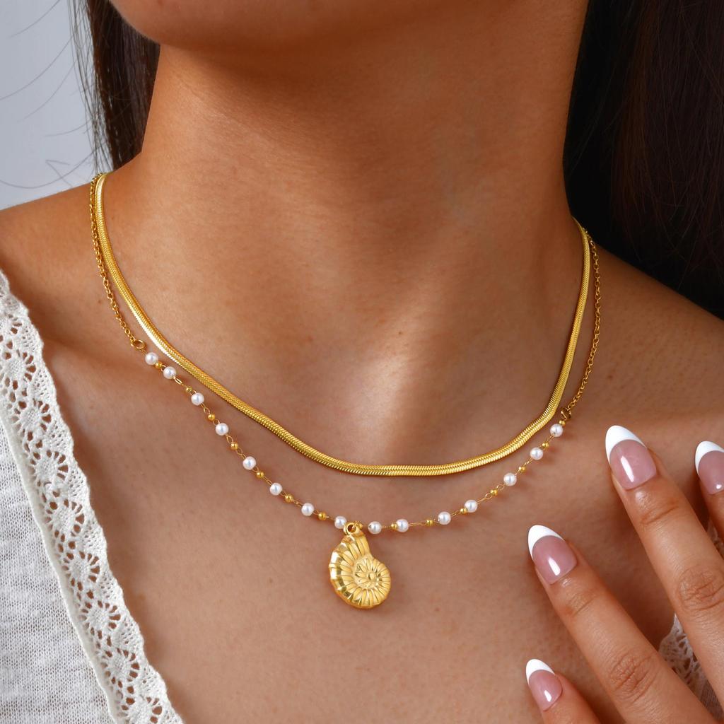Ocean Pendant Necklace, Waterproof 18K Gold Plated Stainless Steel Non Tarnish, Trendy Boho Layered Marine Beach Jewelry