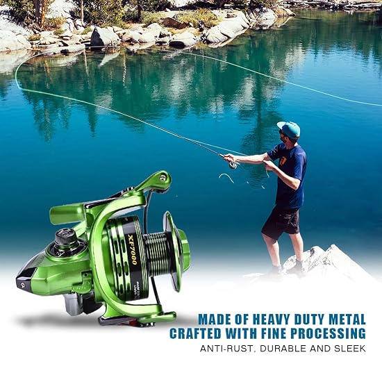 Heavy-duty ball bearing fishing reel for smooth and high-speed spinning. Ambidextrous (Green/XF7000)