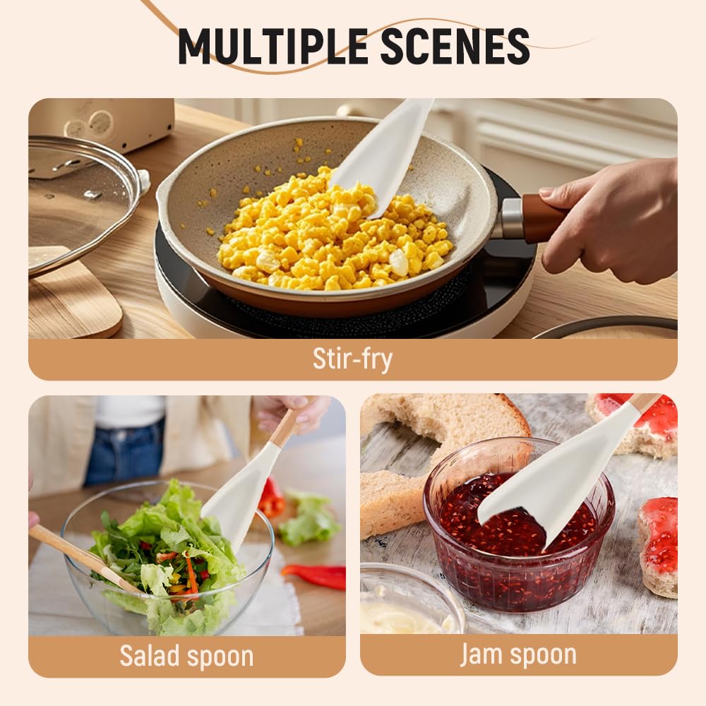Silicone Cooking Spoon for Nonstick Cookwares,Durable BPA-Free,Rice Scooper,Wood Handle Spoon for Mixing Salad,Scoop,Scrape