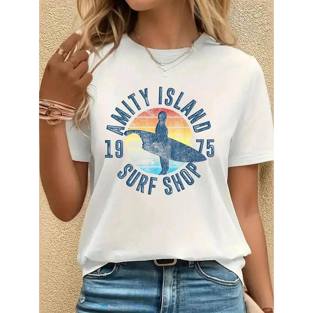 Jaws Surf Shop Amity Island 1975 Logo R - Casual Crew Neck Short Sleeve Summer Top S разноцветный