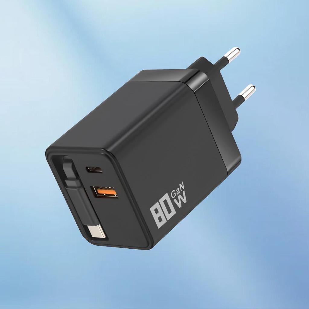 80W GaN Dual Port Retractable Fast Charger for Apple, Android, Huawei - USB A+C