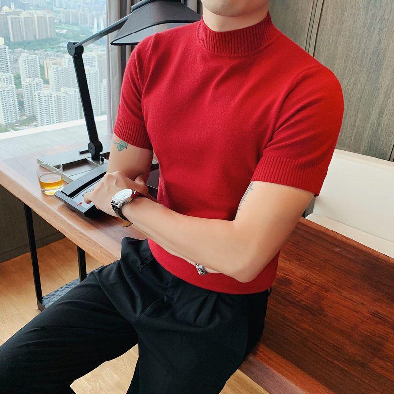Spring Autumn New Short Sleeve Knitted T-shirts For Men Solid Color Slim Fit Tee Fashion Commuter Korean Tops Male Clothes