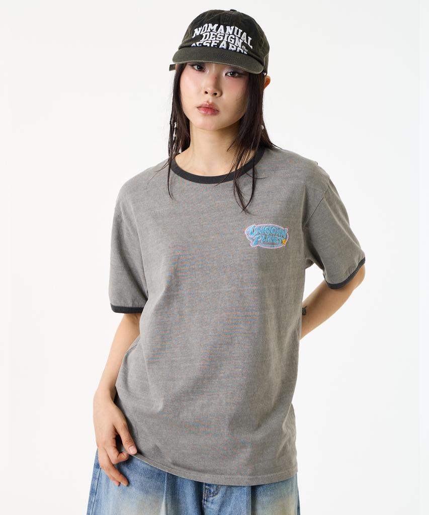 UNKNOWN PLANET [Unp] Pigment-Dyed Graphic Ringer T-Shirt Gray