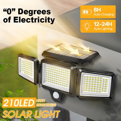 Luzes Solares para Exterior, Holofote Impermeável com Sensor de Movimento de 2500 LM, Luzes Solares para Jardim com 3 Cabeças, Iluminação de Segurança Brilhante para Jardim