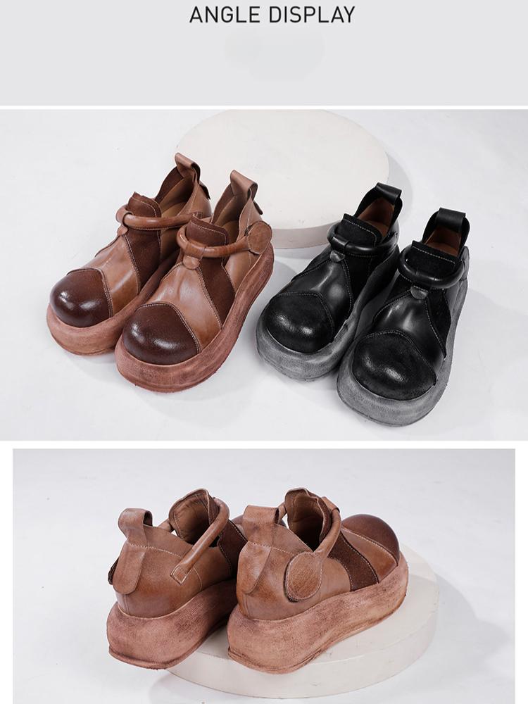 Johnature Flache Plateauschuhe aus echtem Leder für Damen, vielseitige Vintage-Schuhe mit runder Zehenpartie und dicker Sohle
