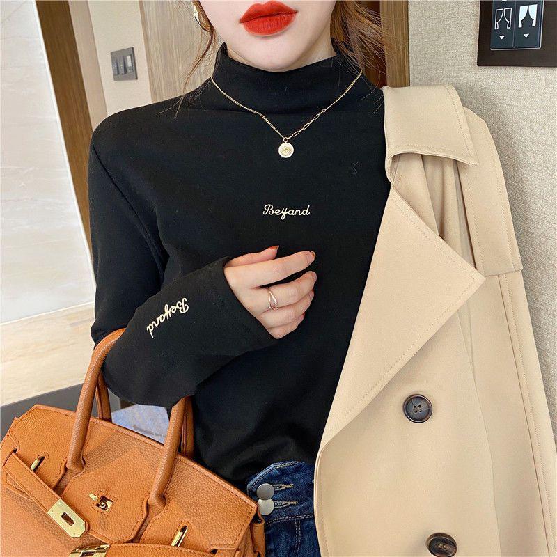 Velvet Semi-High Neck Embroidered Sweatshirt - Korean Style, Autumn/Winter Trendy Long Sleeve Pullover