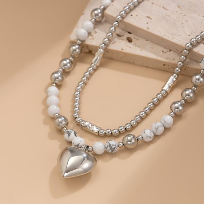 Fashion Simple Double Layered Beaded Love Heart Pendant Necklace for Women Punk Style Unisex Clavicle Chains Necklaces Jewelry Accessories KTJ