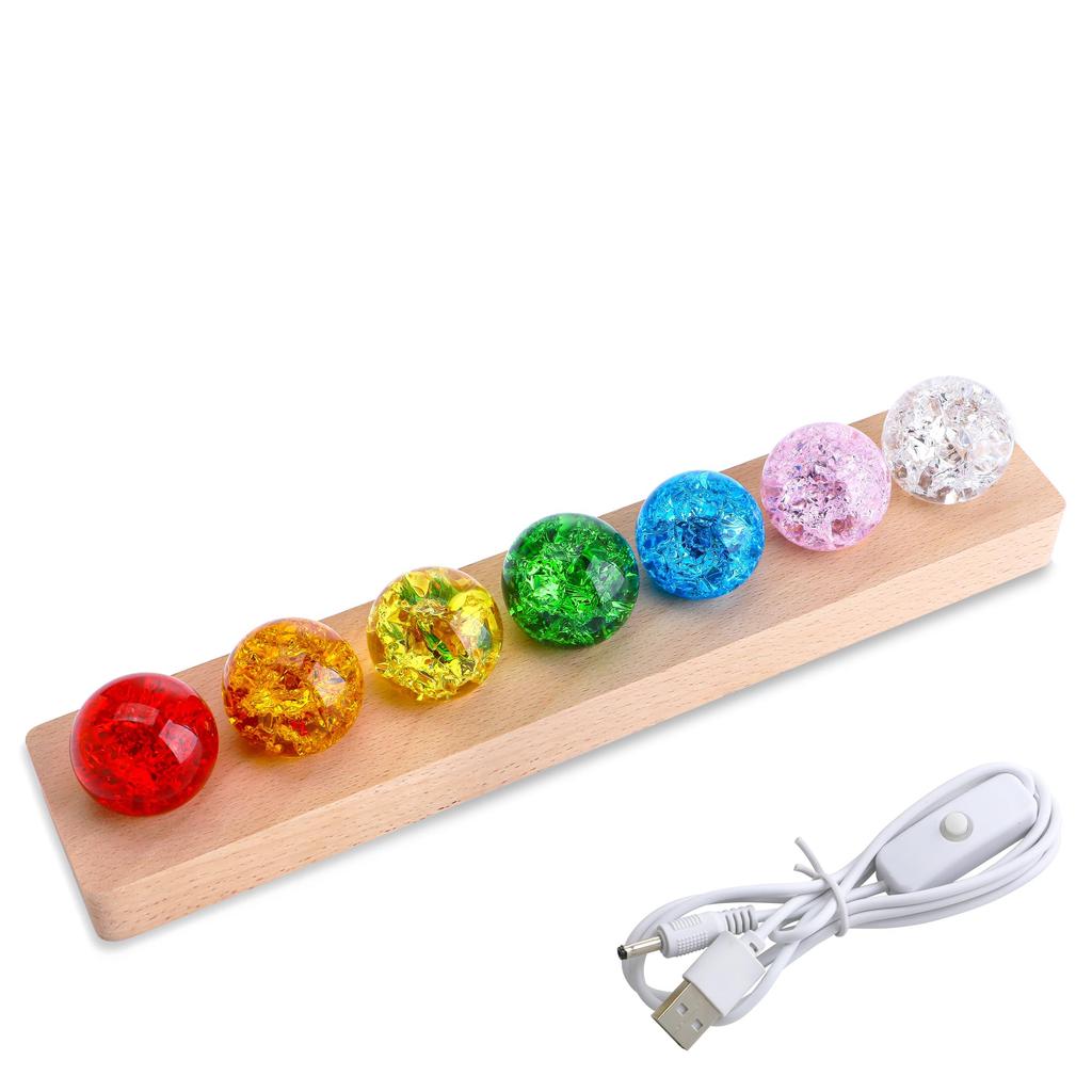 KRISININE 7-Color 40 Mm Crystal Cracked Glass Balls with LED Wooden Base (Home Décor Light for Meditation, Yoga, Relaxation)