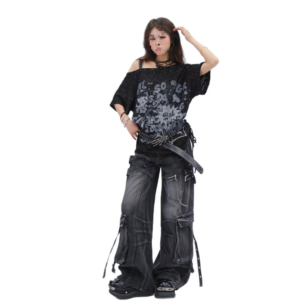 Damen Deconstructed Cargo-Jeans mit mehreren Taschen und Rissen - Gewaschen, Lockerer Gerader Weiter Bein