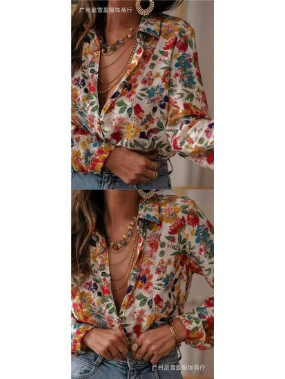 European Summer Casual Women's Long Sleeve Printed Lapel Shirt