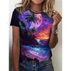 Damen-T-Shirt - Neon Tropischer Strand & Mond Grafik, Verträumtes Kosmisches Design für Lässige Tägliche Kleidung