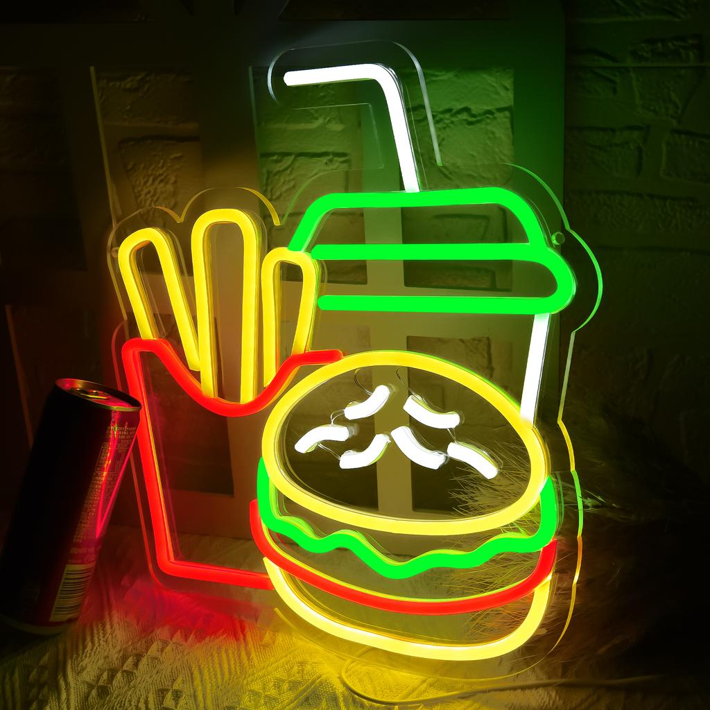 Burger Neon Sign for Burger Shop Decor French Fries LED Neon Light Fast Food Business Signs for Restaurant Store USB Powered