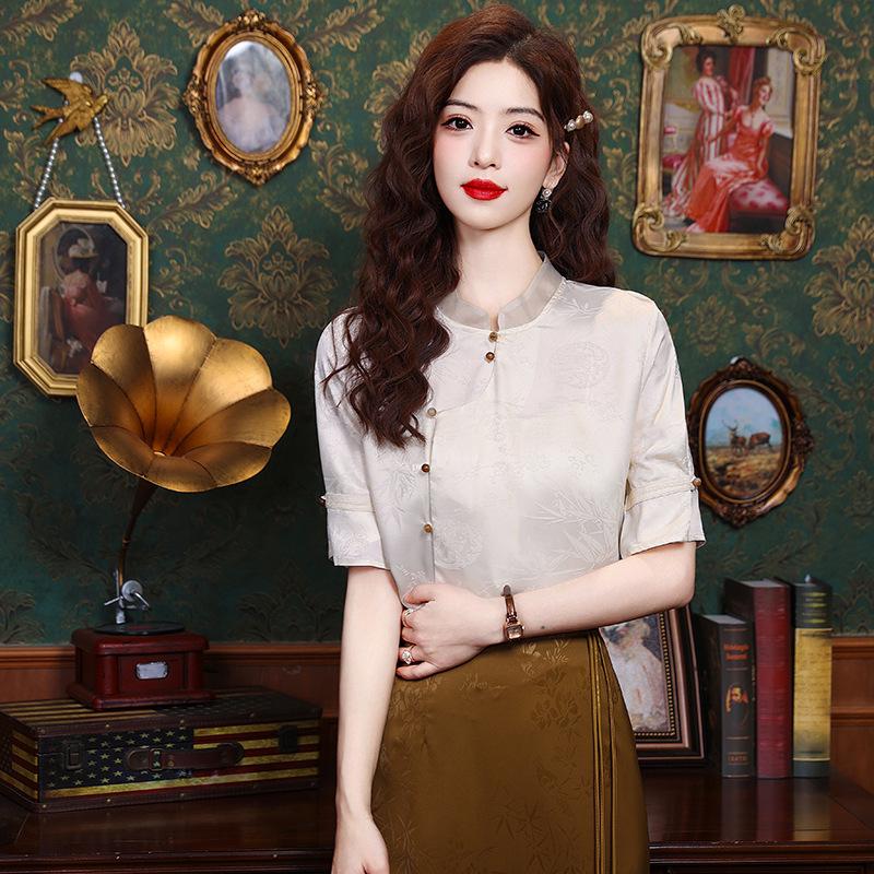 2026 Women's New Chinese Style Stand Collar Jacquard Shirt - Versatile Dark Floral Retro Chiffon Design