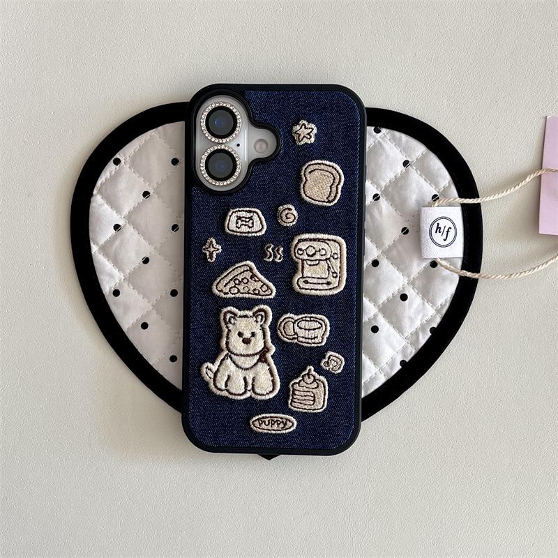 Japanese & Korean Embroidery Coffee Terrier iPhone 17/16ProMax/15/14 Case with Chain