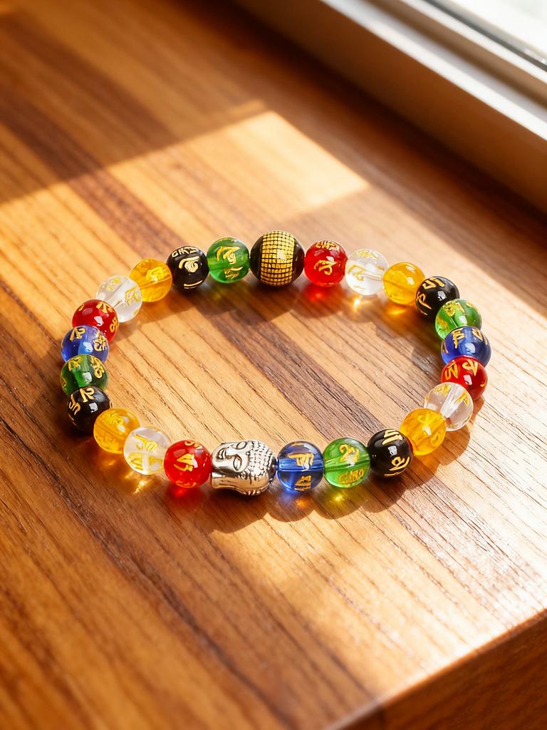 Colorful Crystal Six Syllable Mantra Beads Bracelet Natural Stone Prajna Paramita Heart Sutra Retro Buddha Head Energy Jewelry