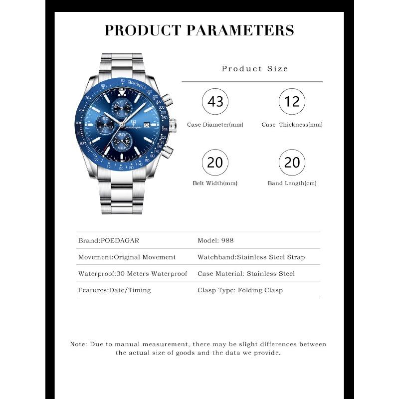 POEDAGAR Luxury Man Watch Chronograph Waterproof Luminous Date Quartz Wristwatch Fashion Sport Stainless Steel Watches