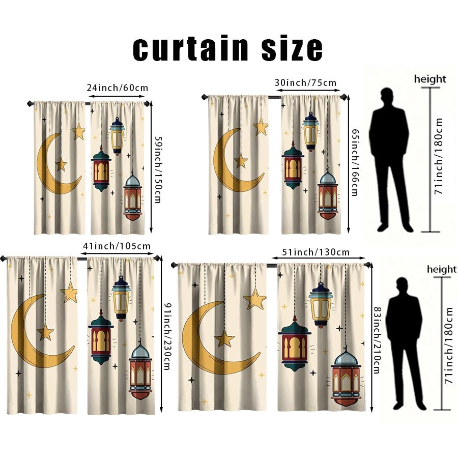 2pcs Crescent Star & Lantern Printed Curtains   Perfect for Ramadan/Eid Window Decor   Home Living Room Bedroom Decor   Rod Pocket