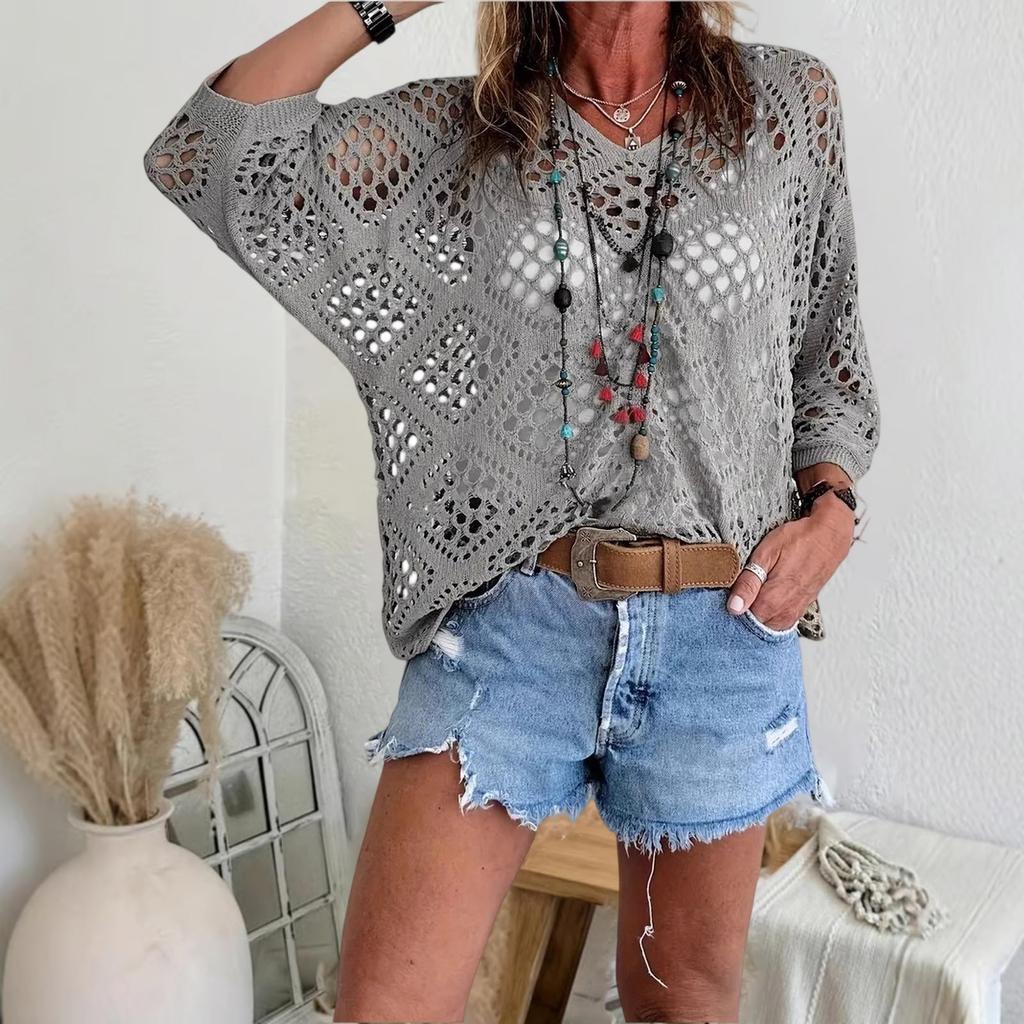 Women's V-neck Diamond-shaped Openwork Sleeve Sweater Cardigan Knitted Top