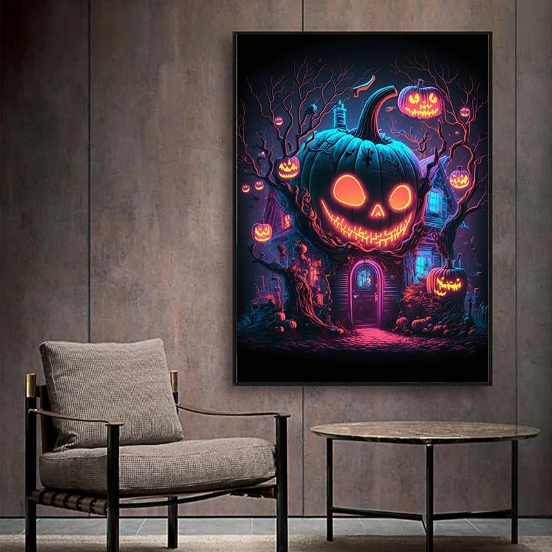 A Classic Vintage Wall Art Pumpkin Black Cat Ghost Painter Halloween Night, Printed Poster, Home Living Room Bedroom Decoration