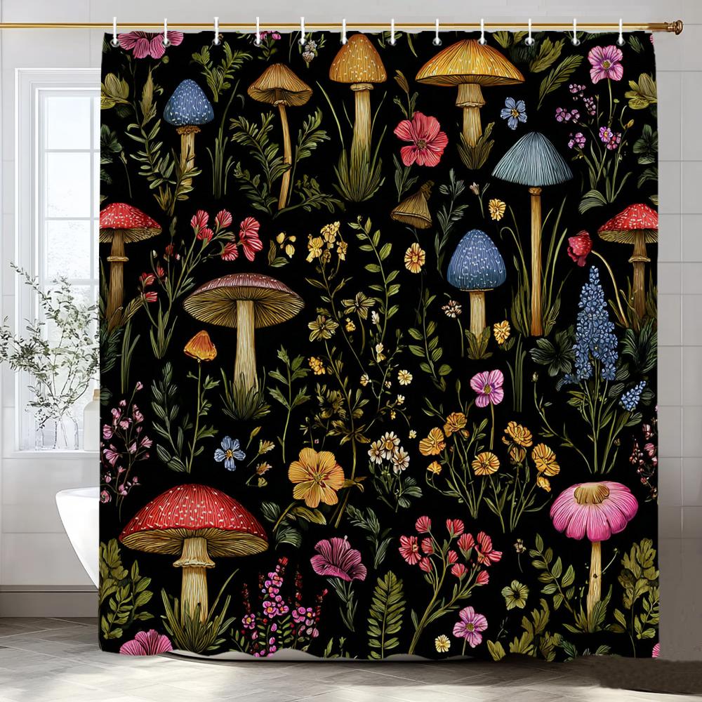 Duschdraperi med Växter och Blommor och Svampar, Blommig Botanisk Vintage Bohemisk Stil Badrum Dekorativt Duschdraperi