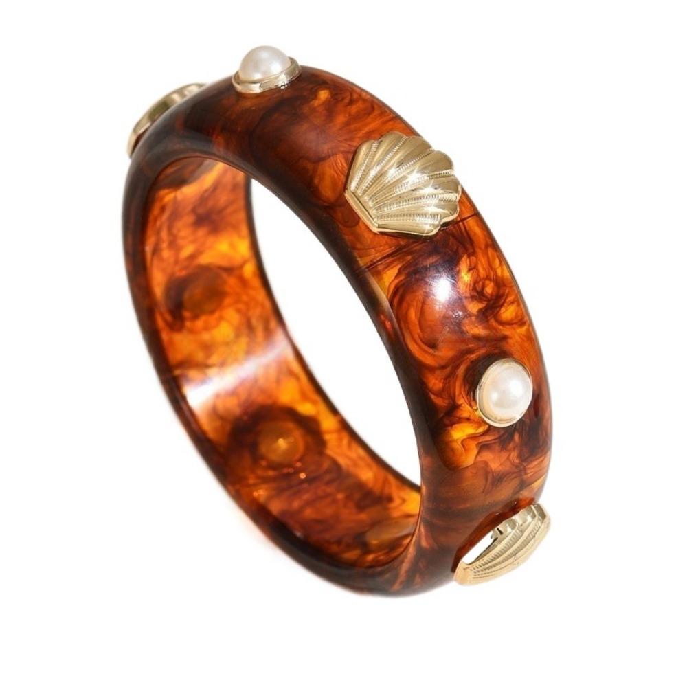 Round Bohemian Bangle Wide Chunky Wrap Wristbands Resin Pearl Shell Bracelet  Girls