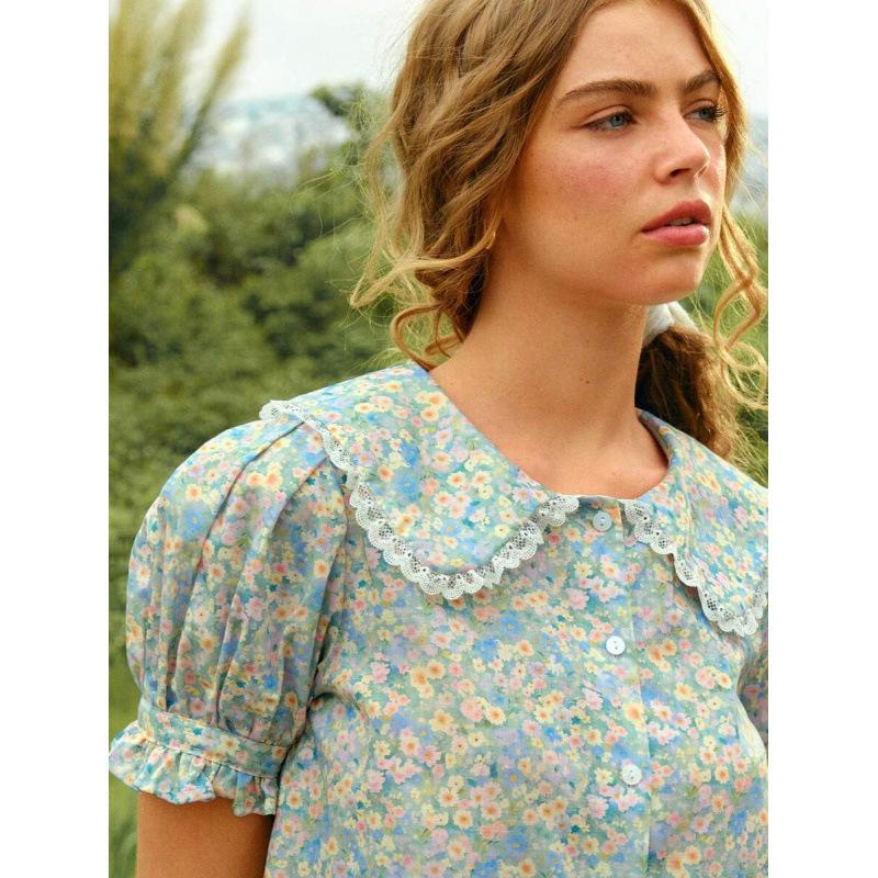 Europe, America 2026 summer new age-reducing doll collar bubble sleeve ruffle edge floral dress