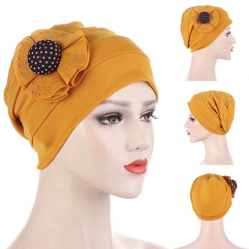 Woman Beautiful Rhinestone Flower Turban Elastic Cloth Head Cap Hat Muslim Women's Hijabs Ladies Bandana Muslim Head Cover