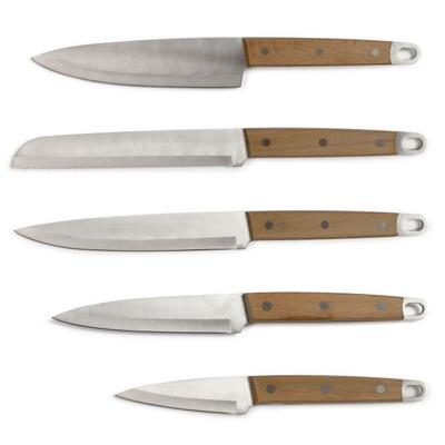 Set of 5 Knives - LIVOO - MEC129 - Knives : Chef, Bread, Kitchen, Slicer and Office - Stainless Steel - Beech Handle